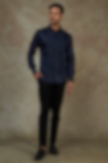 Midnight Blue Cotton Thread Embroidered Party Wear Shirt by Agape Men at Pernia's Pop Up Shop
