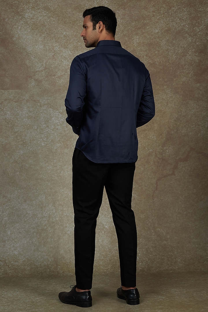 Midnight Blue Cotton Thread Embroidered Party Wear Shirt by Agape Men at Pernia's Pop Up Shop