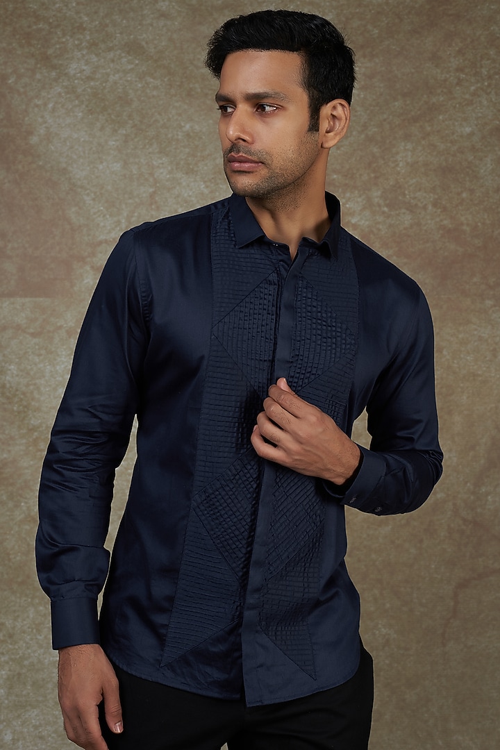 Midnight Blue Cotton Thread Embroidered Party Wear Shirt by Agape Men at Pernia's Pop Up Shop