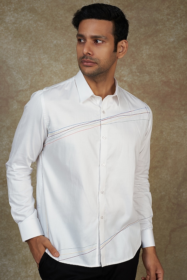 White Cotton Thread Embroidered Party Wear Shirt by Agape Men at Pernia's Pop Up Shop