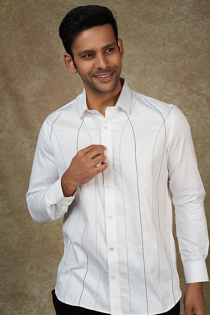 White Cotton Thread Embroidered Party Wear Shirt by Agape Men at Pernia's Pop Up Shop