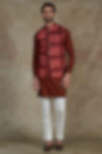 Red Tussar Silk Digital Printed Bundi Jacket by Agape Men