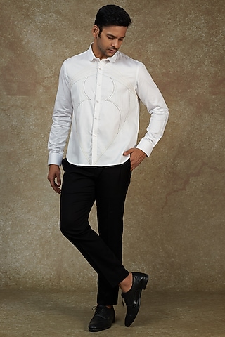 White Cotton Thread Embroidered Shirt by Agape Men