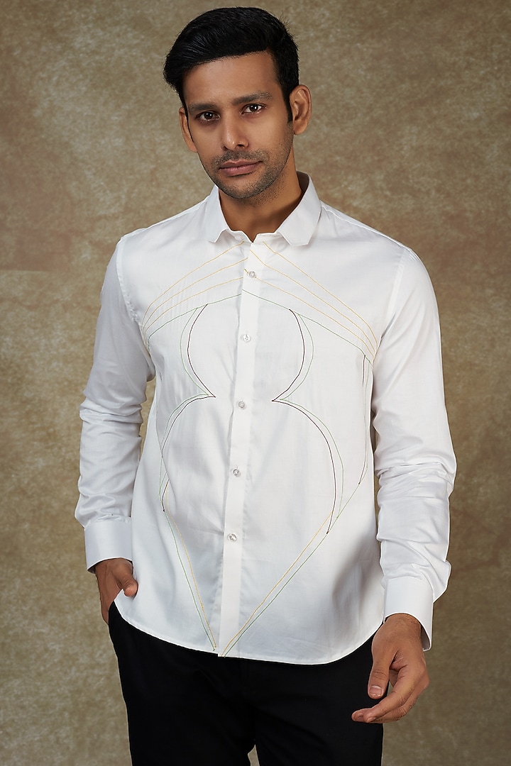 White Cotton Thread Embroidered Party Wear Shirt by Agape Men at Pernia's Pop Up Shop