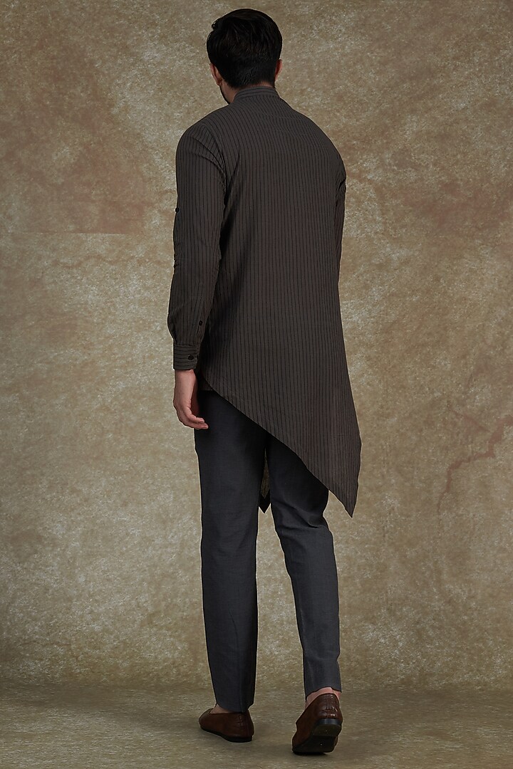 Grey Khadi Cotton Striped Asymmetrical Kurta Set by Agape Men at Pernia's Pop Up Shop
