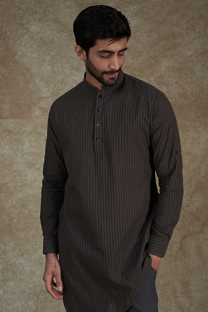 Grey Khadi Cotton Striped Asymmetrical Kurta Set by Agape Men at Pernia's Pop Up Shop
