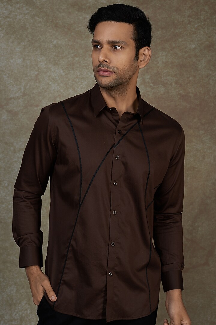 Brown Cotton Thread Embroidered Party Wear Shirt by Agape Men at Pernia's Pop Up Shop