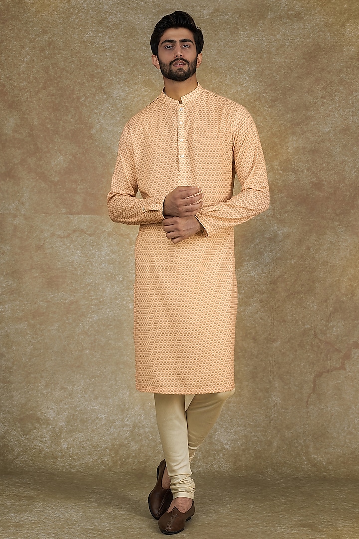 Orange Cotton Linen Printed Kurta Set by Agape Men