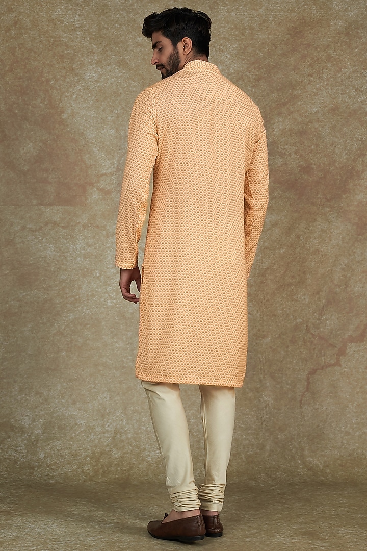 Orange Linen Micro Dot Printed Kurta Set by Agape Men at Pernia's Pop Up Shop