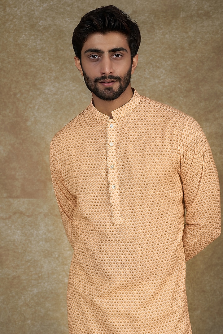 Orange Linen Micro Dot Printed Kurta Set by Agape Men at Pernia's Pop Up Shop