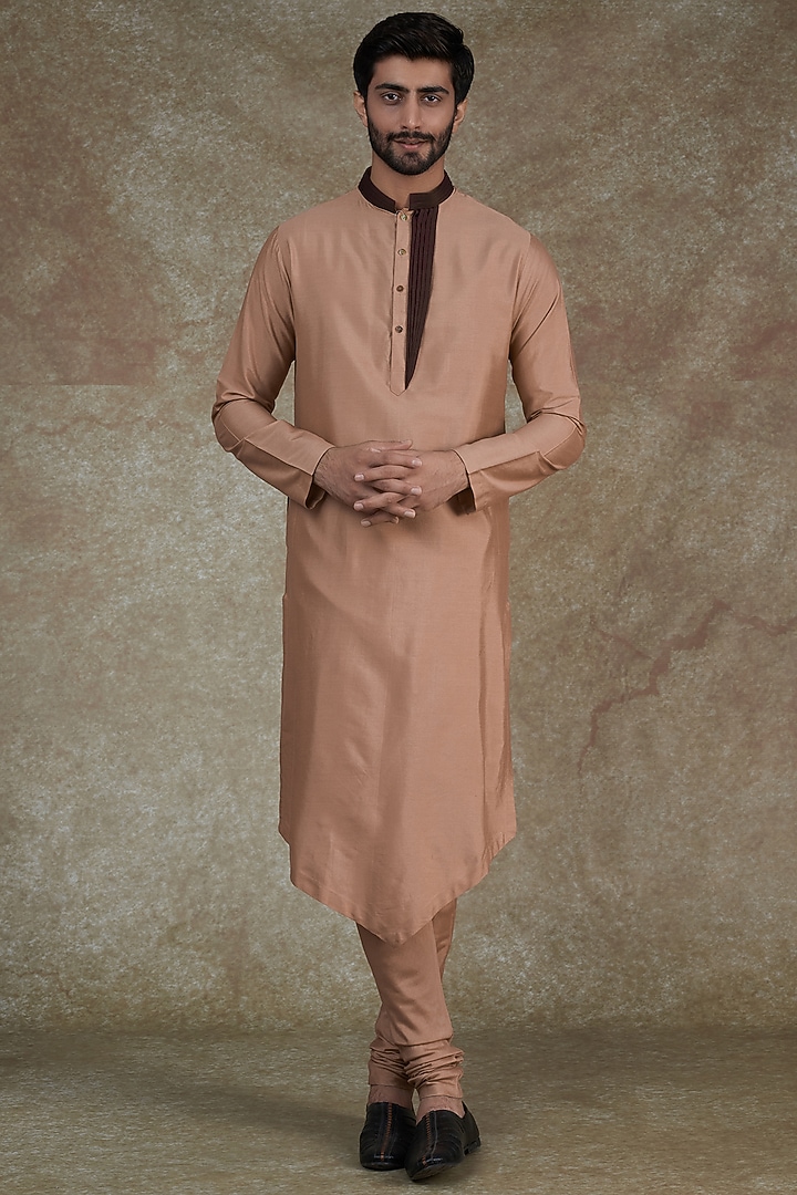Peach Cotton Silk Asymmetric Kurta Set by Agape Men at Pernia's Pop Up Shop