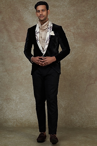 Black Velvet Printed Blazer by Agape Men