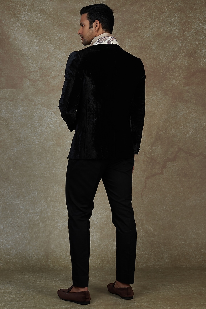 Black Velvet Printed Blazer by Agape Men at Pernia's Pop Up Shop