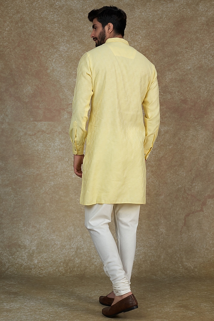 Lime Yellow Self Textured Cotton Kurta Set by Agape Men at Pernia's Pop Up Shop