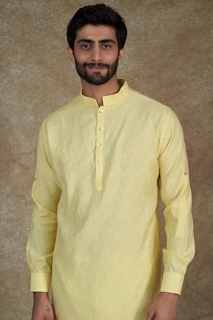 Lime Yellow Self Textured Cotton Kurta Set by Agape Men at Pernia's Pop Up Shop