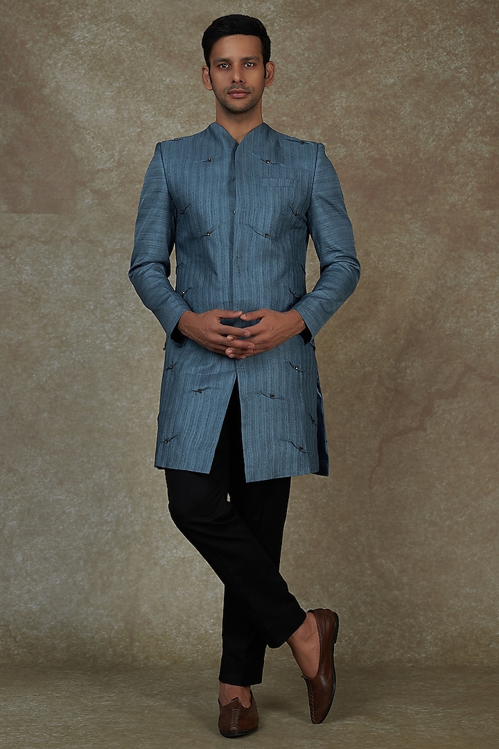 Prussian Blue Hand Embroidered Sherwani Set by Agape Men