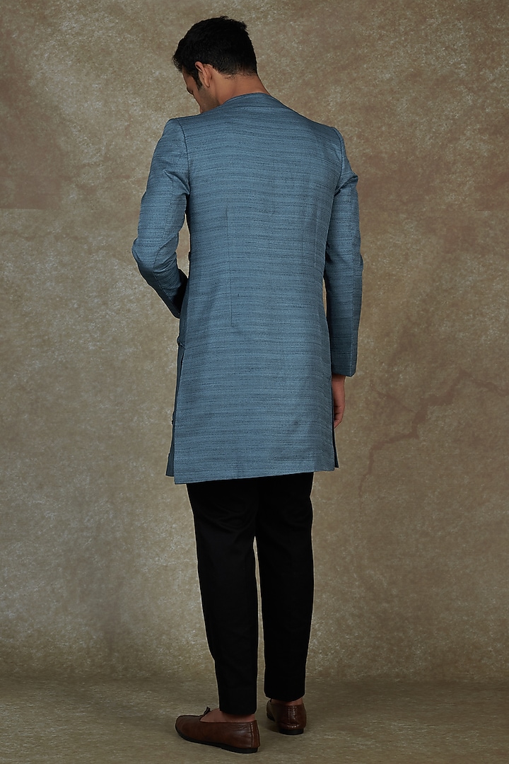 Prussian Blue Polyester Sequins Hand Embroidered Wedding Sherwani Set by Agape Men at Pernia's Pop Up Shop