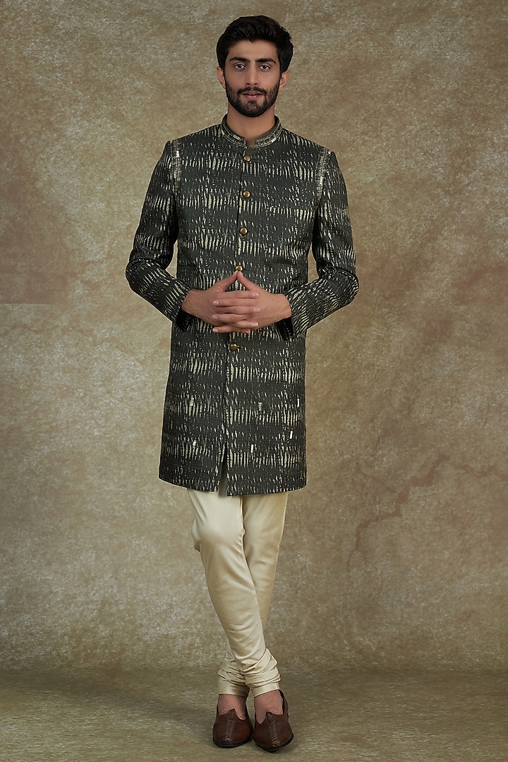 Green Kota Silk Sequins Hand Embroidered Wedding Sherwani Set by Agape Men at Pernia's Pop Up Shop