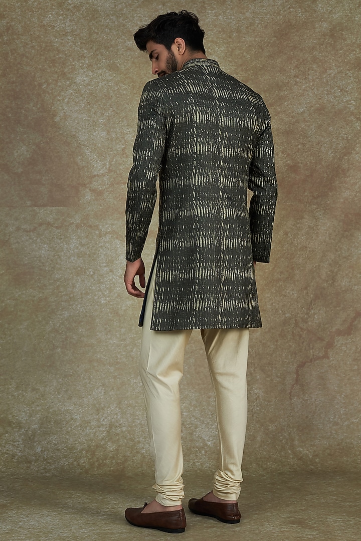 Green Kota Silk Sequins Hand Embroidered Wedding Sherwani Set by Agape Men at Pernia's Pop Up Shop