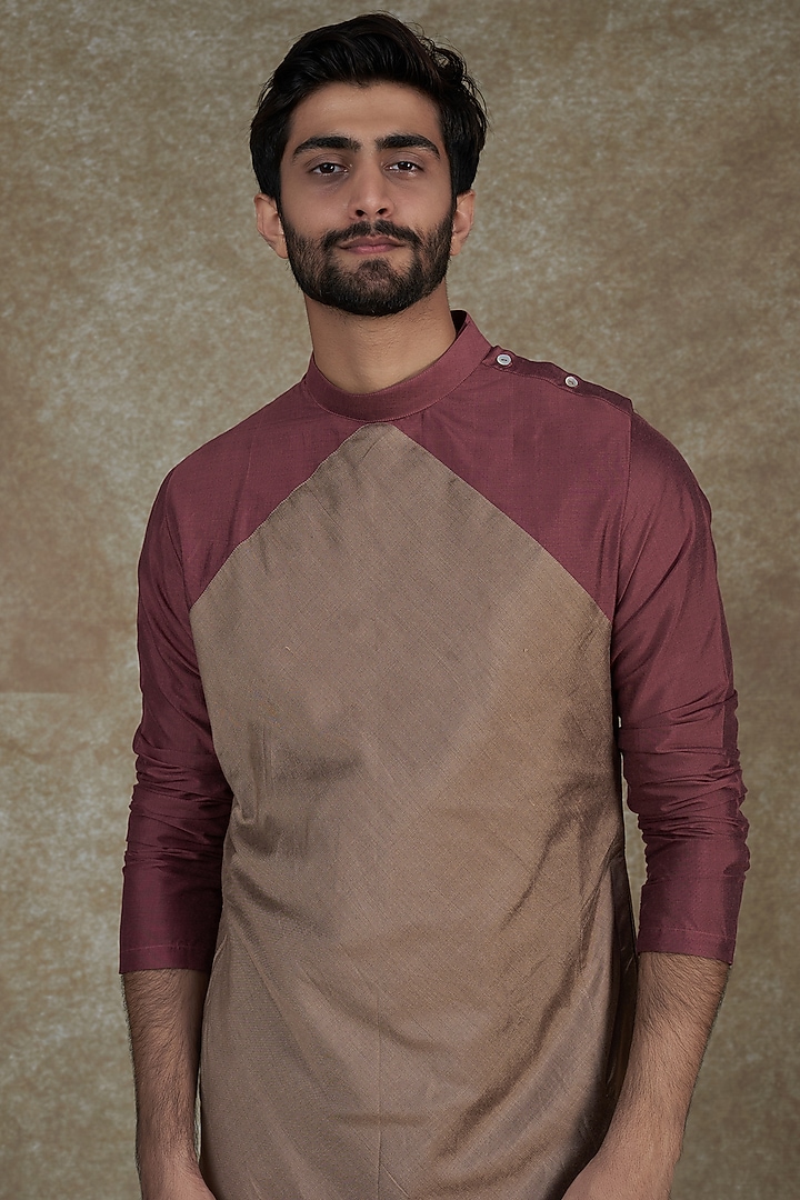 Onion Pink & Dull Rose Gold Cotton Silk Draped Kurta Set by Agape Men at Pernia's Pop Up Shop