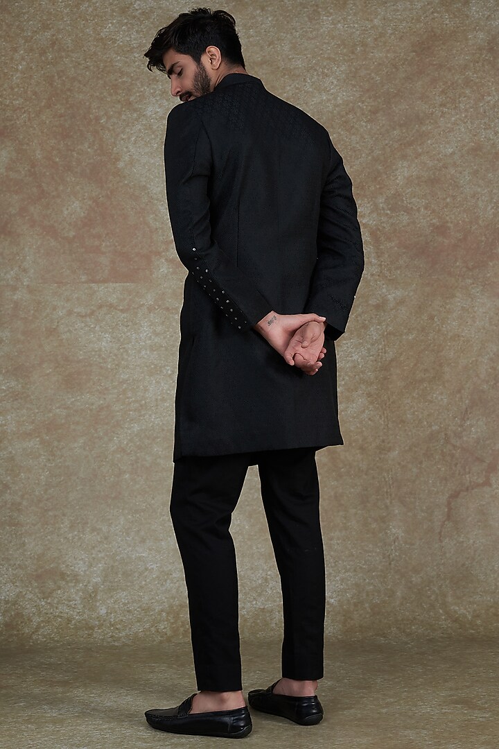 Black Jute Hand Embroidered Wedding Sherwani Set by Agape Men at Pernia's Pop Up Shop