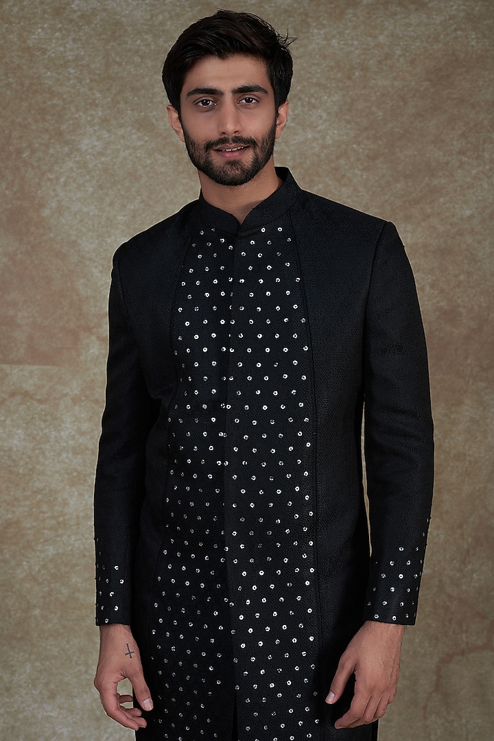 Black Jute Hand Embroidered Wedding Sherwani Set by Agape Men at Pernia's Pop Up Shop