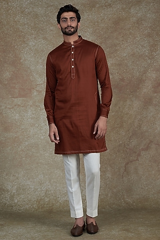 Rust Muslin Kurta Set by Agape Men