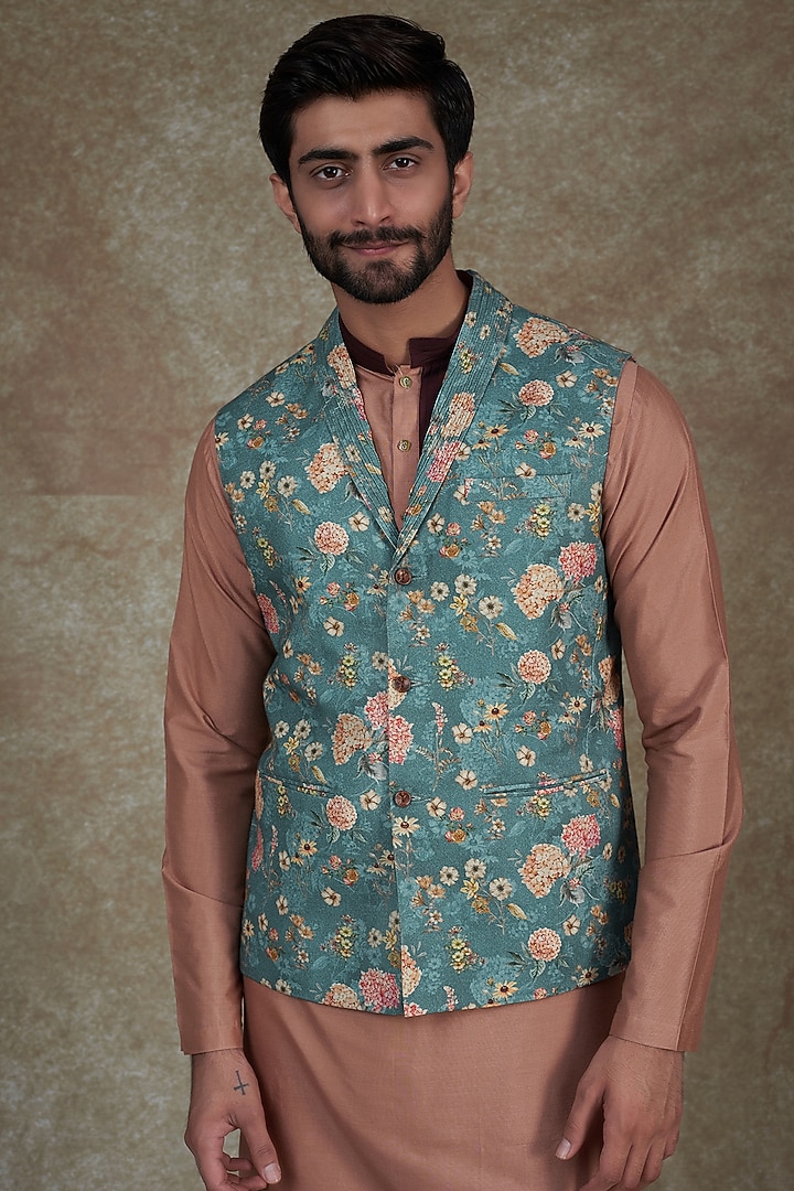 Blue Linen Digital Printed Bundi Jacket Set by Agape Men at Pernia's Pop Up Shop