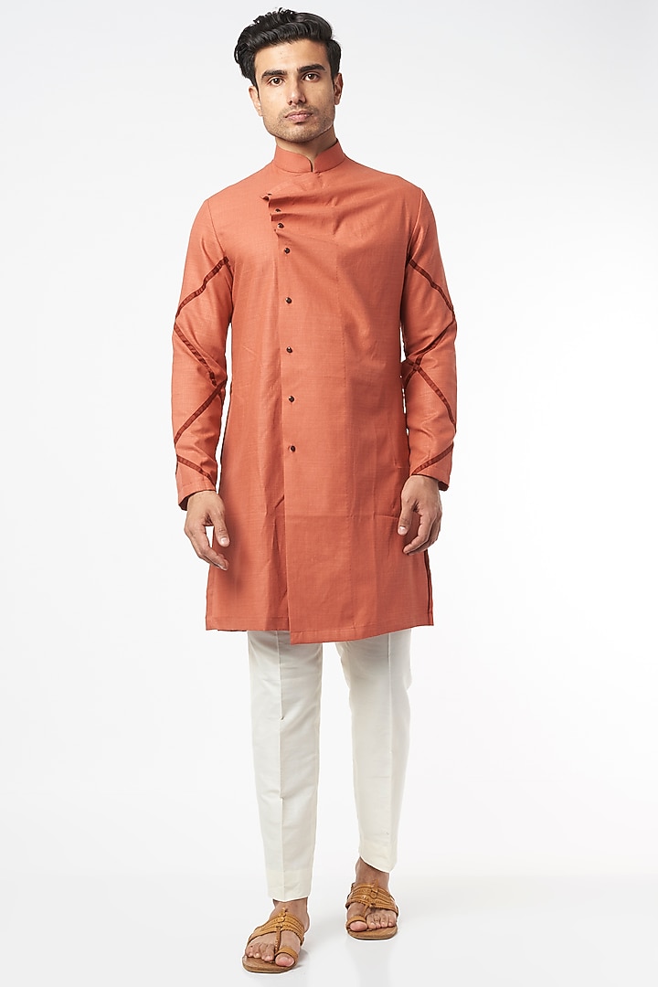 Princeton Orange Cotton Linen Cowl Kurta Set by Agape Men at Pernia's Pop Up Shop