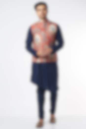 Navy Blue Kurta Set With Bundi Jacket by Agape Men at Pernia's Pop Up Shop