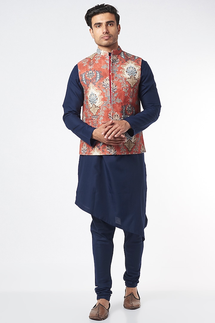 Navy Blue Kurta Set With Bundi Jacket by Agape Men at Pernia's Pop Up Shop
