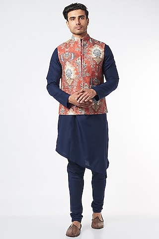 Navy Blue Kurta Set With Bundi Jacket by Agape Men