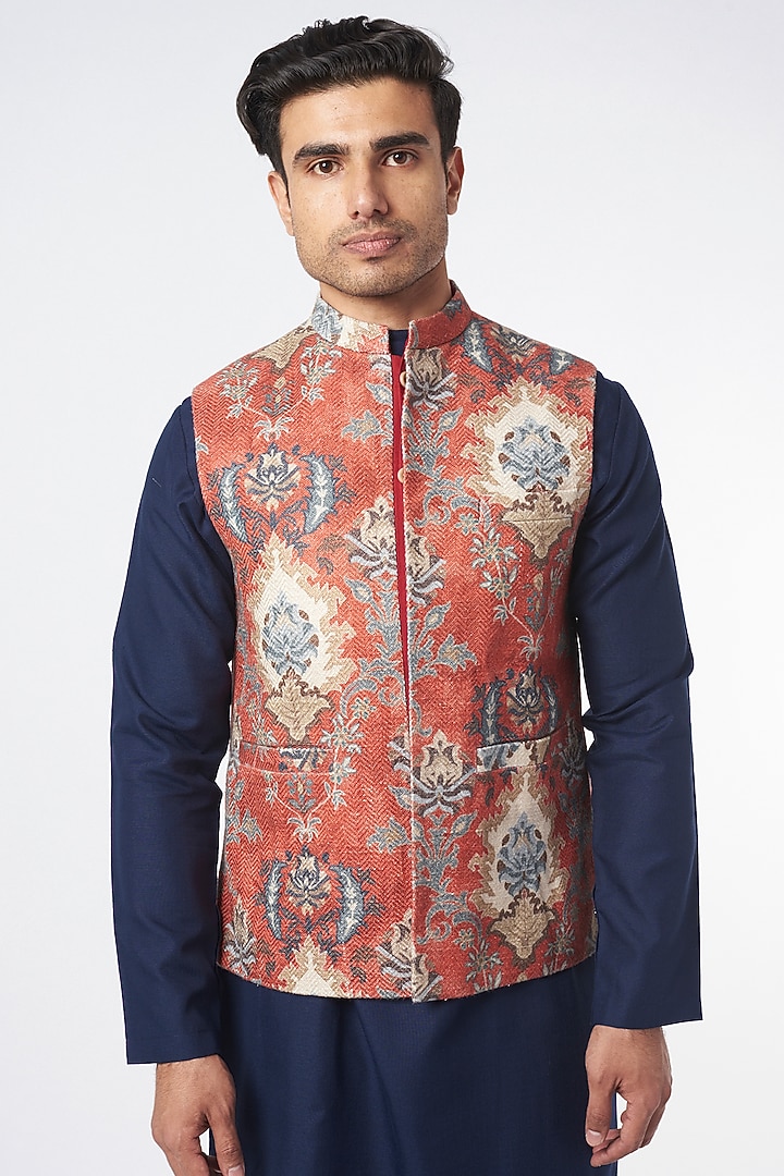 Navy Blue Kurta Set With Bundi Jacket by Agape Men at Pernia's Pop Up Shop