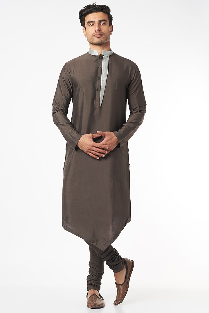 Lead Grey Cotton Silk Asymmetrical Kurta Set by Agape Men at Pernia's Pop Up Shop