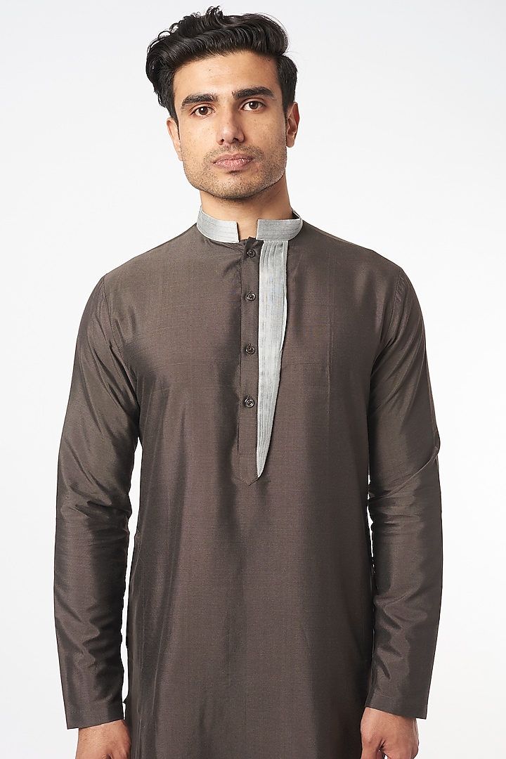 Lead Grey Cotton Silk Asymmetrical Kurta Set by Agape Men at Pernia's Pop Up Shop