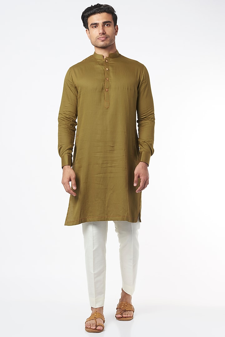 Olive Green Cotton Thread Work Kurta Set by Agape Men at Pernia's Pop Up Shop