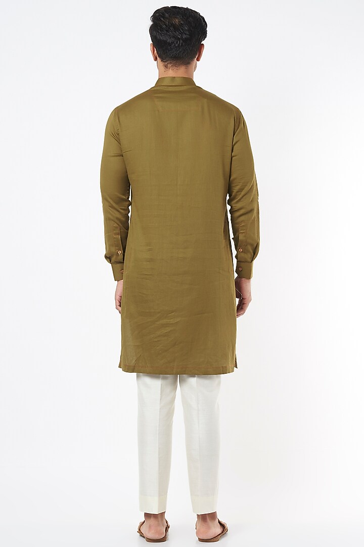 Olive Green Cotton Thread Work Kurta Set by Agape Men at Pernia's Pop Up Shop