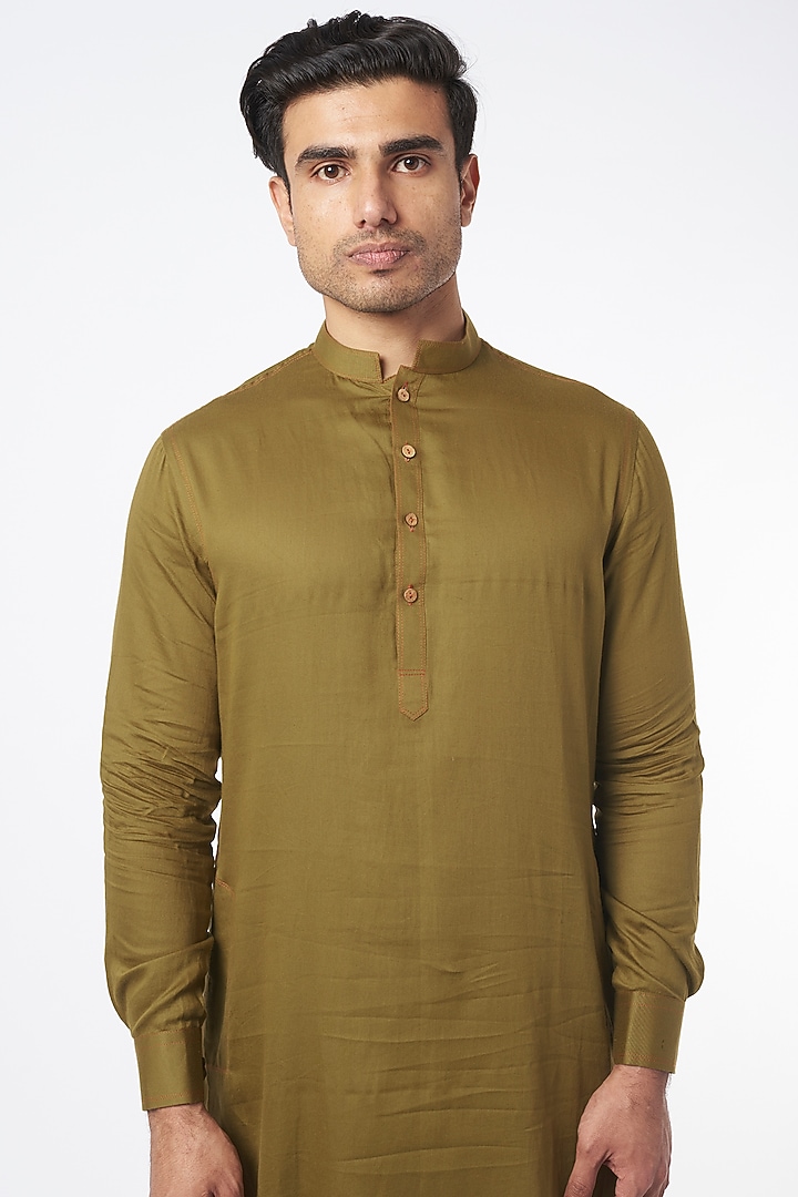 Olive Green Cotton Thread Work Kurta Set by Agape Men at Pernia's Pop Up Shop