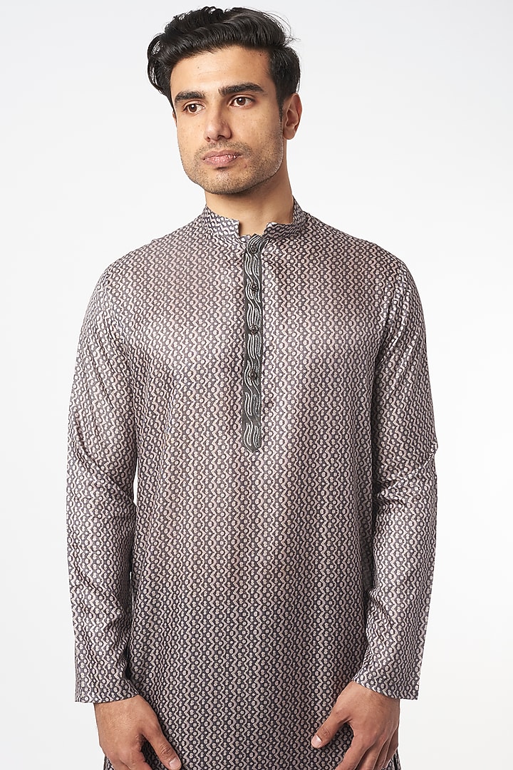 Grey Silk Muslin Embroidered & Digital Printed Kurta Set by Agape Men at Pernia's Pop Up Shop