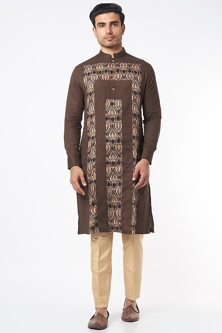 Brown Cotton Linen Kurta Set by Agape Men at Pernia's Pop Up Shop