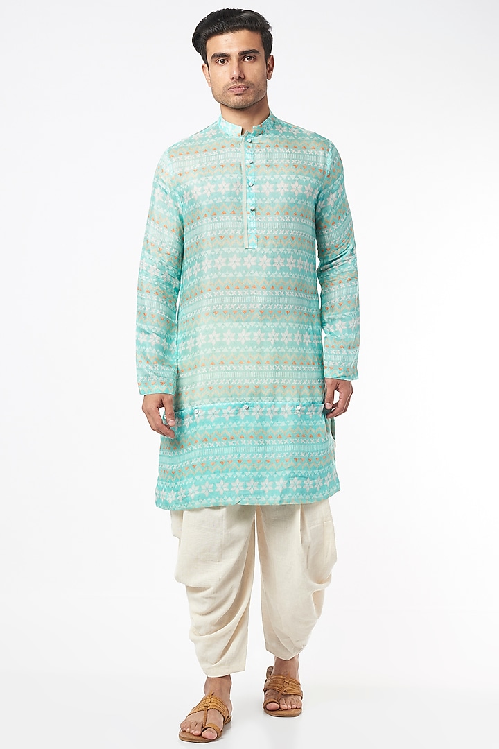 Sky Blue Aztec Printed Kurta Set by Agape Men at Pernia's Pop Up Shop