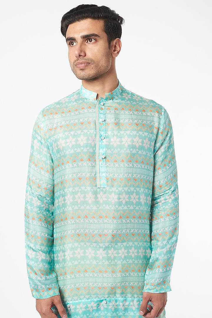 Sky Blue Aztec Printed Kurta Set by Agape Men at Pernia's Pop Up Shop