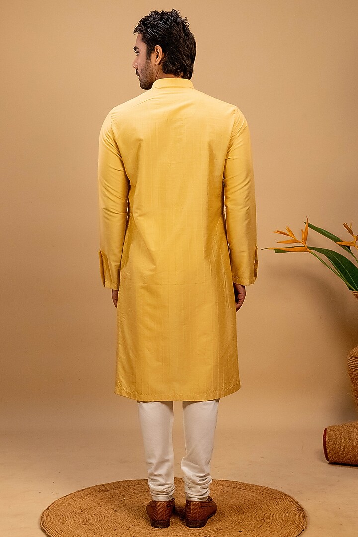 Yellow Cotton Silk Hand Embroidered Kurta Set by Agape Men at Pernia's Pop Up Shop
