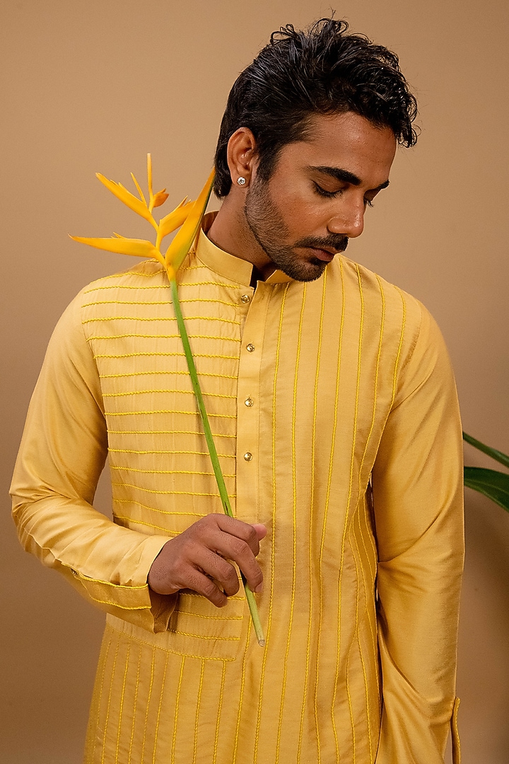 Yellow Cotton Silk Hand Embroidered Kurta Set by Agape Men at Pernia's Pop Up Shop