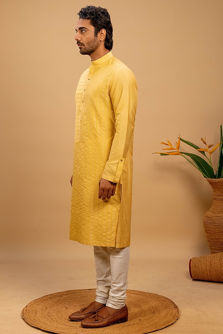 Yellow Cotton Silk Hand Embroidered Kurta Set by Agape Men at Pernia's Pop Up Shop