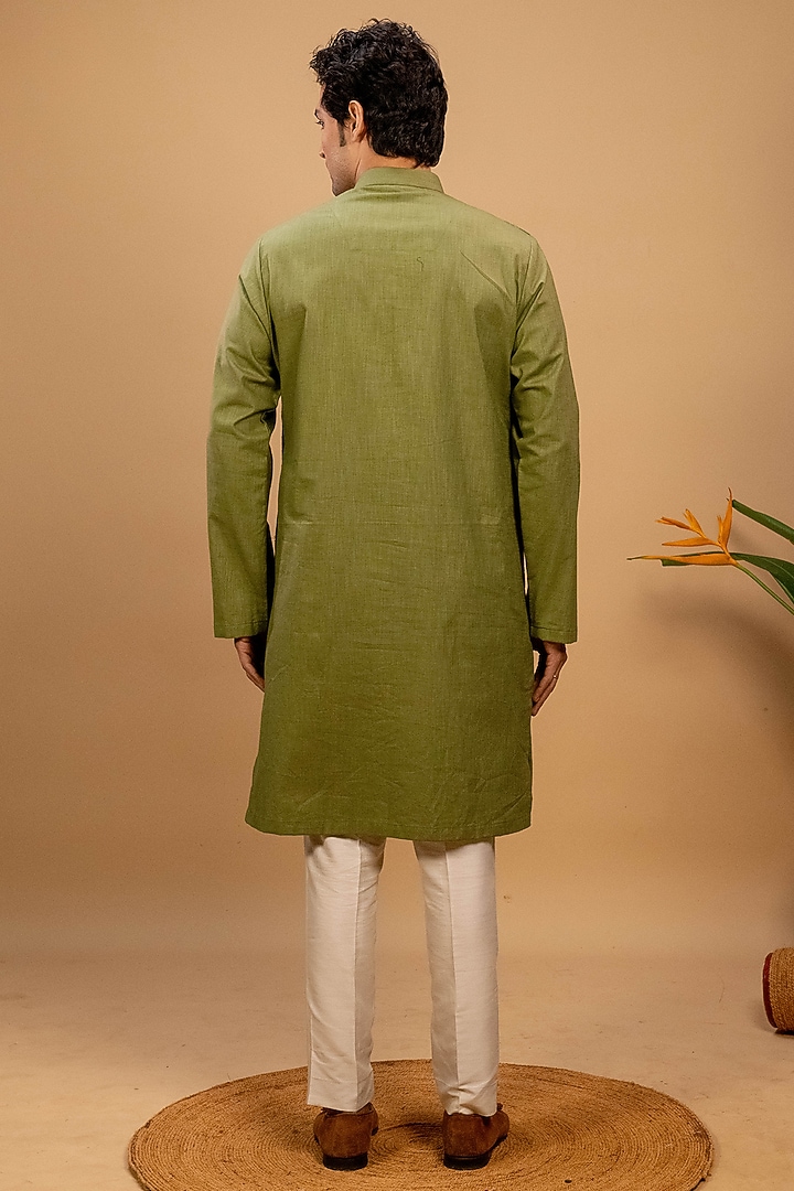 Green Cotton Embroidered Kurta Set by Agape Men at Pernia's Pop Up Shop
