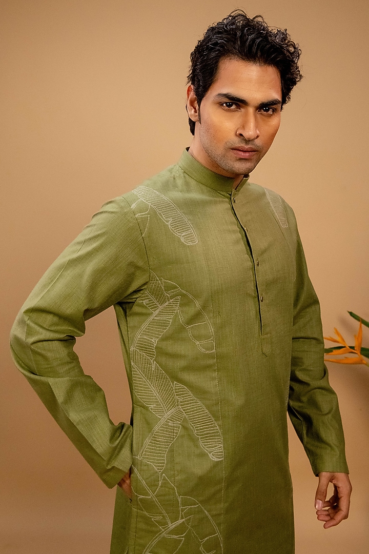 Green Cotton Embroidered Kurta Set by Agape Men at Pernia's Pop Up Shop