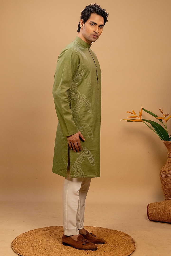 Green Cotton Embroidered Kurta Set by Agape Men at Pernia's Pop Up Shop