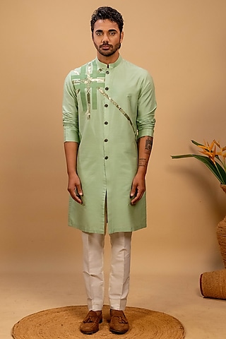 Green Cotton Silk Printed Achkan Kurta Set by Agape Men