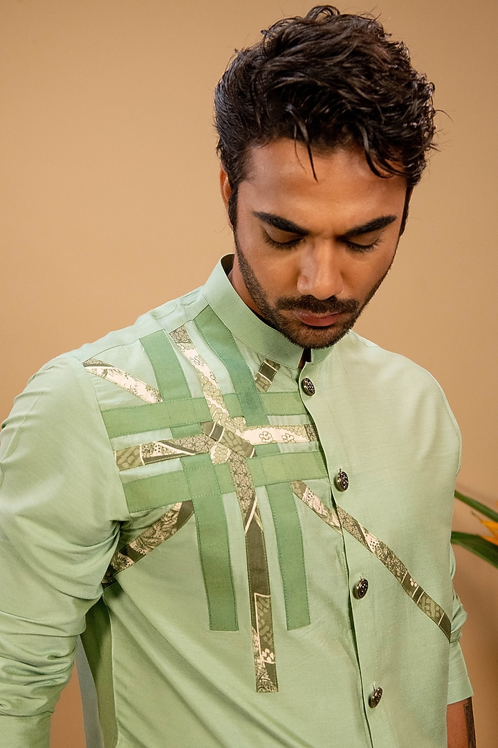 Green Cotton Silk Printed Achkan Kurta Set by Agape Men at Pernia's Pop Up Shop